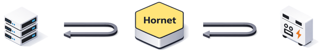 Hornet 통신 흐름 — 서버와 장치가 각각 독립적으로 연결되는 3-tier 구조